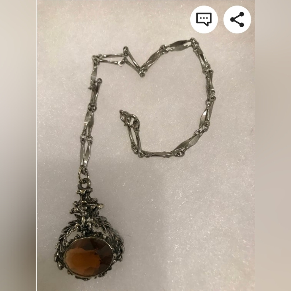 Vintage Gothic Like Necklace with Amber "Stone", Silver Toned Chain - Picture 4 of 6